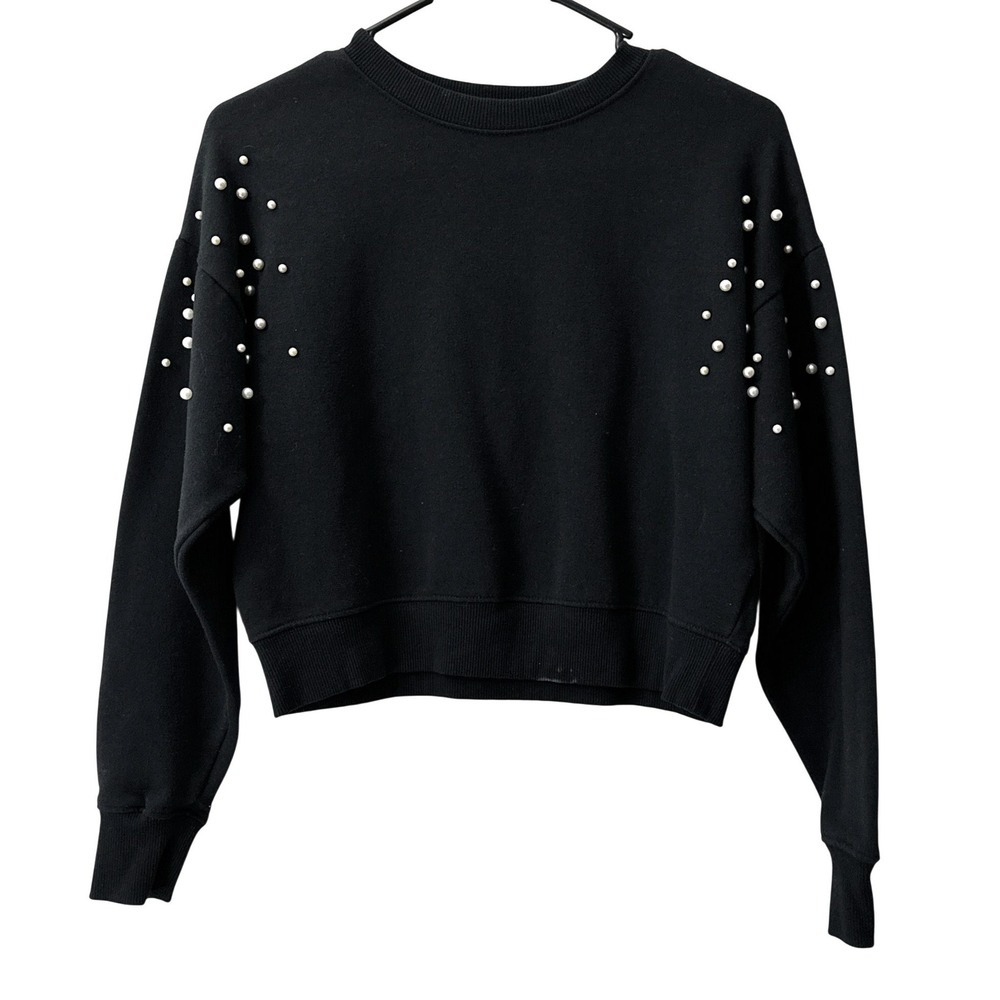 Freshman Sweatshirt XS Black Pearl Embellished Cropped Pullover Coquette Chic